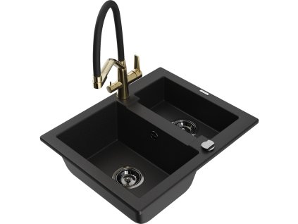 Granitový drez Mexen Carlos s 1,5 misky a kuchynskou batériou Duo, čierny - 6518-77-671701-57-B
