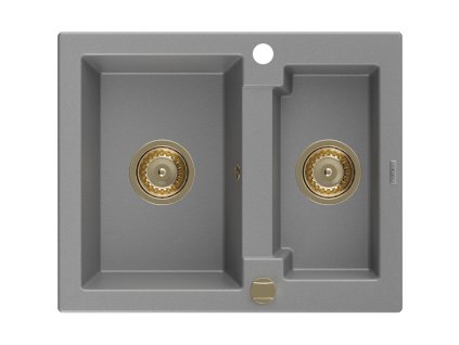 Granitový drez Mexen Carlos s 1,5 misou 582 x 475 mm, sivý, zlatý sifón - 6518581500-71-G