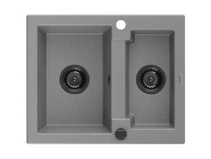 Granitový drez Mexen Carlos s 1,5 misou 582 x 475 mm, sivý, čierny sifón - 6518581500-71-B