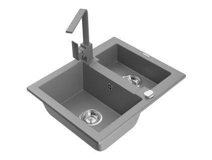 Granitový drez Mexen Carlos s 1,5 miskou a kuchynskou batériou Rita, sivý - 6518-71-670300-71