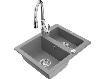 Granitový drez Mexen Carlos s 1,5 miskou a kuchynskou batériou Savita, sivý - 6518-71-672601-00