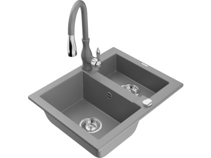 Granitový drez Mexen Carlos s 1,5 miskou a kuchynskou batériou Savita, sivý - 6518-71-672601-71