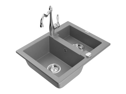 Granitový drez Mexen Carlos s 1,5 miskou a kuchynskou batériou Carla, sivý - 6518-71-670700-00