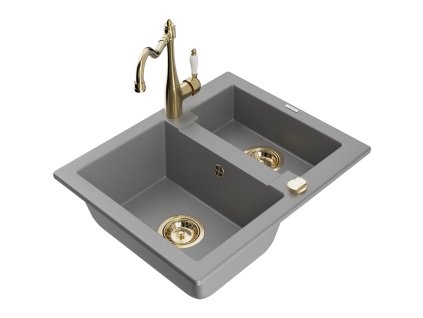 Granitový drez Mexen Carlos s 1,5 miskou a kuchynskou batériou Carla, sivý - 6518-71-670700-50