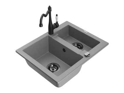 Granitový drez Mexen Carlos s 1,5 miskou a kuchynskou batériou Carla, sivý - 6518-71-670700-70-B
