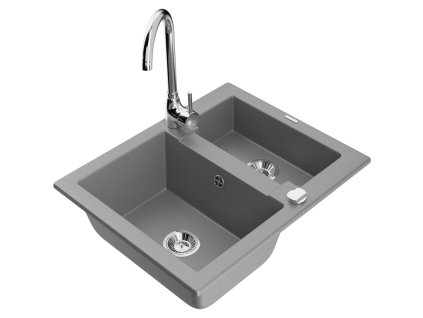 Granitový drez Mexen Carlos s 1,5 miskou a kuchynskou batériou Telma, sivý - 6518-71-670200-00