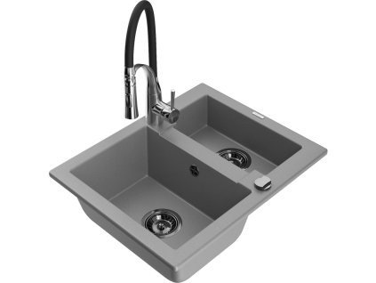 Granitový drez Mexen Carlos s 1,5 miskou a kuchynskou batériou Aster, sivý - 6518-71-73450-07-B