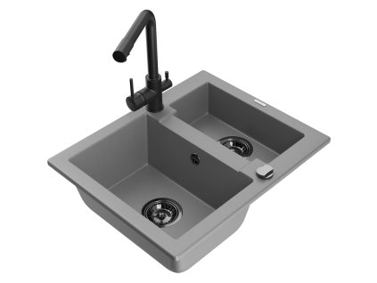Granitový drez Mexen Carlos s 1,5 miskou a kuchynskou batériou Duero, sivý - 6518-71-671600-70-B