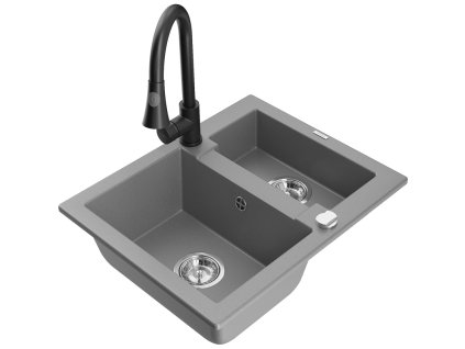 Granitový drez Mexen Carlos s 1,5 miskou a kuchynskou batériou Elia, sivý - 6518-71-670101-70