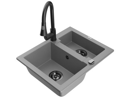 Granitový drez Mexen Carlos s 1,5 miskou a kuchynskou batériou Elia, sivý - 6518-71-670101-70-B