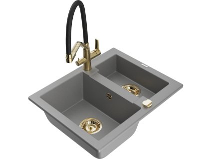 Granitový drez Mexen Carlos s 1,5 misky a kuchynskou batériou Duo, sivý - 6518-71-671701-57-G