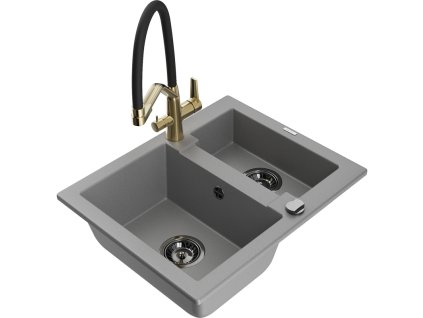 Granitový drez Mexen Carlos s 1,5 misky a kuchynskou batériou Duo, sivý - 6518-71-671701-57-B