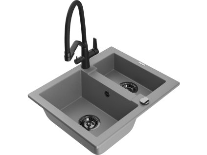 Granitový drez Mexen Carlos s 1,5 miskou a kuchynskou batériou Duo, sivý - 6518-71-671701-70-B