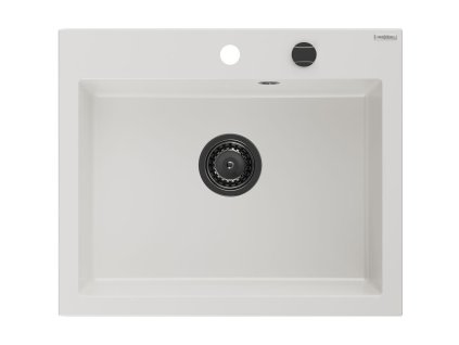 Granitový drez Mexen Elix s 1 misou 600 x 500 mm, biely, čierny sifón - 6525601005-20-B