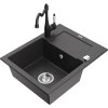 Granitový drez Mexen Enzo s 1 misou, odkapávačom a kuchynskou batériou Carla, čierna škvrnitá - 6506-76-670700-70