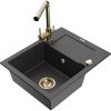 Granitový drez Mexen Enzo s 1 misou, odkapávačom a kuchynskou batériou Duero, čierna škvrnitá - 6506-76-671600-50
