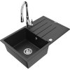 Granitový drez Mexen Bruno s 1 misou, odkapávačom a batériou Savita, čierna/strieborná metalíza - 6513-73-672601-00