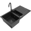 Granitový drez Mexen Matias s 1,5 miskou, odkapávačom a kuchynskou batériou Telma, čierny/strieborný - 6502-73-670200-70-B