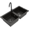 Granitový drez Mexen Mario s 2 misami a kuchynskou batériou Telma, čierna/zlatá - 6504-75-670200-70-B