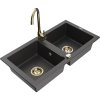 Granitový drez Mexen Mario s 2 misami a kuchynskou batériou Telma, čierna škvrnitá - 6504-76-670200-50