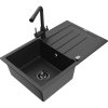 Granitový drez Mexen Bruno s 1 misou, odkapávačom a kuchynskou batériou Duero, čierna/strieborná metalíza - 6513-73-671600-70-B