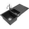 Granitový drez Mexen Andres s 1,5 miskou, odkapávačom a kuchynskou batériou Carla, čierna/strieborná - 6515-73-670700-00