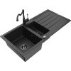 Granitový drez Mexen Andres s 1,5 miskou, odkapávačom a kuchynskou batériou Carla, čierny/strieborný - 6515-73-670700-70-B