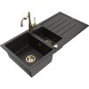 Granitový drez Mexen Andres s 1,5 misy, odkapávačom a kuchynskou batériou Carla, čierna/zlatá metalíza - 6515-75-670700-50