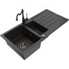 Granitový drez Mexen Andres s 1,5 misy, odkapávačom a kuchynskou batériou Carla, čierna/zlatá - 6515-75-670700-70-B