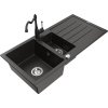 Granitový drez Mexen Andres s 1,5 misy, odkapávačom a kuchynskou batériou Carla, čierna/zlatá - 6515-75-670700-70