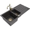 Granitový drez Mexen Andres s 1,5 misy, odkapávačom a kuchynskou batériou Carla, čierny bodkovaný - 6515-76-670700-50