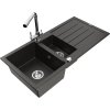 Granitový drez Mexen Andres s 1,5 misy, odkapávačom a kuchynskou batériou Duero, čierna/zlatá - 6515-75-671600-00
