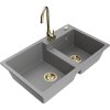 Granitový drez Mexen Tomas s 2 miskami a kuchynskou batériou Telma, sivý - 6516-71-670200-50