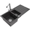 Granitový drez Mexen Andres s 1,5 misy, odkapávačom a kuchynskou batériou Duero, čierny bodkovaný - 6515-76-671600-00
