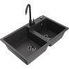 Mexen Tomas 2-komorový granitový drez s kuchynskou batériou Telma, čierna škvrnitá - 6516-76-670200-70-B
