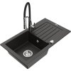 Granitový drez Mexen Pablo s 1 misou, odkapávačom a kuchynskou batériou Aster, čierna/zlatá metalíza - 6510-75-73450-07