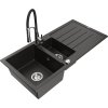 Granitový drez Mexen Andres s 1,5 misy, odkapávačom a kuchynskou batériou Aster, čierna/zlatá metalíza - 6515-75-73450-07