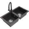 Granitový drez Mexen Mario s 2 misami a kuchynskou batériou Elia, čierna škvrnitá - 6504-76-670101-76