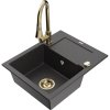 Granitový drez Mexen Enzo s 1 misou, odkapávačom a kuchynskou batériou Elia, čierna škvrnitá - 6506-76-670101-50