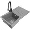 Granitový drez Mexen Cesar s 1 misou, odkapávačom a kuchynskou batériou Elia, sivý - 6514-71-670101-70