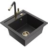 Granitový drez Mexen Vito s 1 misou a kuchynskou batériou Flora, škvrnitá čierna - 6503-76-670401-57-G