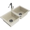 Granitový drez Mexen Mario s 2 miskami a kuchynskou batériou Flora, béžová - 6504-69-670401-07-B