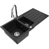 Granitový drez Mexen Andres s 1,5 misy, odkapávačom a kuchynskou batériou Elia, čierny - 6515-77-670101-00
