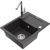 Granitový drez Mexen Enzo s 1 misou, odkapávačom a kuchynskou batériou Flora, čierna škvrnitá - 6506-76-670401-00