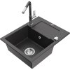Granitový drez Mexen Enzo s 1 misou, odkapávačom a kuchynskou batériou Flora, čierna škvrnitá - 6506-76-670401-08
