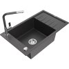 Granitový drez Mexen Elias s 1 misou, odkapávačom a kuchynskou batériou Flora, čierna škvrnitá - 6511-76-670401-08