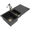 Granitový drez Mexen Andres s 1,5 miskou, odkapávačom a kuchynskou batériou Flora, čierny/strieborný - 6515-73-670401-57-G