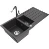Granitový drez Mexen Andres s 1,5 misky, odkapávačom a kuchynskou batériou Flora, škvrnitá čierna - 6515-76-670401-08