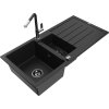 Granitový drez Mexen Andres s 1,5 misy, odkapávačom a kuchynskou batériou Flora, čierny - 6515-77-670401-07-B