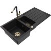 Granitový drez Mexen Andres s 1,5 misy, odkapávačom a kuchynskou batériou Flora, čierny - 6515-77-670401-57-G
